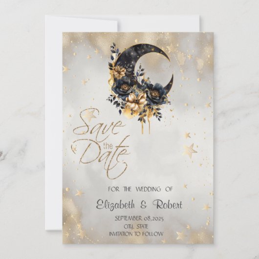 Hemelse Gouden Sterren Bloemengezicht Maan Save The Date (Voorkant)