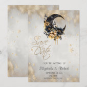 Hemelse Gouden Sterren Bloemengezicht Maan Save The Date (Voorkant / Achterkant)