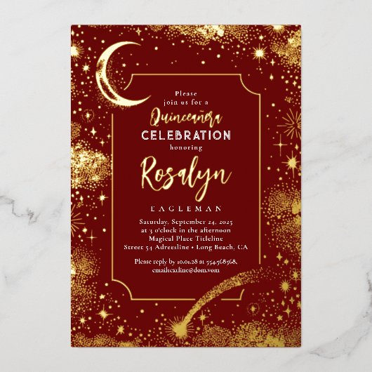 Hemelse Gouden Sterren en Maan Nacht Quinceanera Folie Uitnodiging (Voorkant)