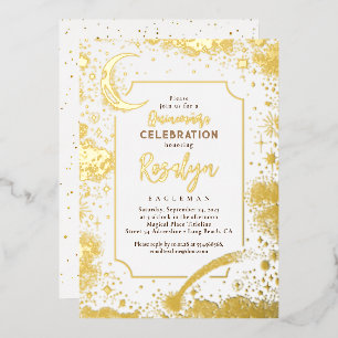 Hemelse Gouden Sterren en Maan Nacht Quinceanera Folie Uitnodiging