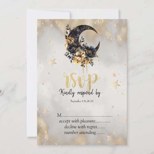 Hemelse Gouden Sterren Floral Moon RSVP Kaart (Voorkant)