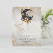 Hemelse Gouden Sterren Floral Moon Save The Date (Staand voorkant)