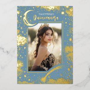 Hemelse Gouden Sterren Maan Nacht Quinceanera Foto Folie Uitnodiging