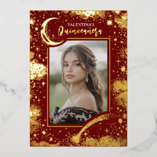 Hemelse Gouden Sterren Maan Nacht Quinceanera Foto Folie Uitnodiging
