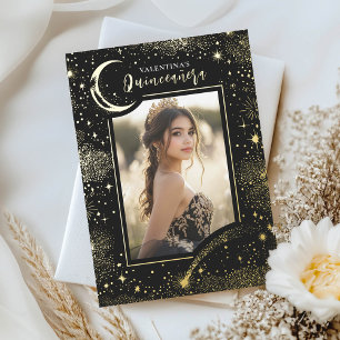 Hemelse Gouden Sterren Maan Nacht Quinceanera Foto Folie Uitnodiging