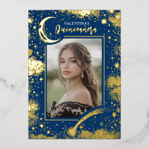 Hemelse Gouden Sterren Maan Nacht Quinceanera Foto Folie Uitnodiging
