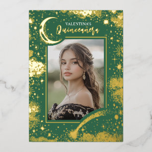 Hemelse Gouden Sterren Maan Nacht Quinceanera Foto Folie Uitnodiging