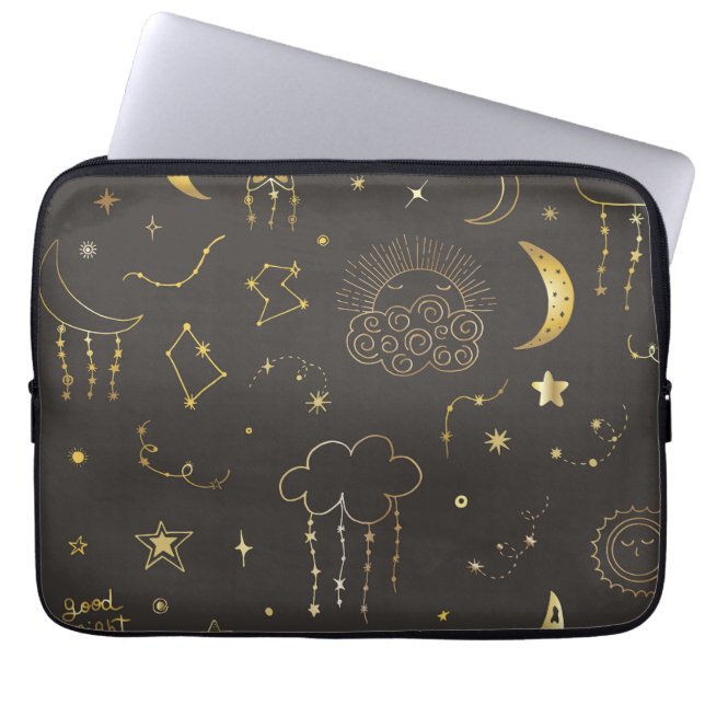 Hemelse Gouden Sterren, Maan & Sterrenbeelden Laptop Sleeve (Voorkant)