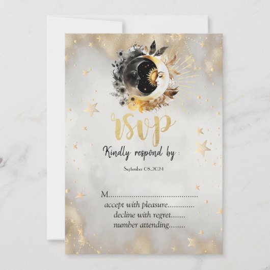 Hemelse Gouden Sterren Manen Bloemen RSVP Kaart (Voorkant)