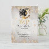 Hemelse Gouden Sterren Manen Bloemen RSVP Kaart (Staand voorkant)