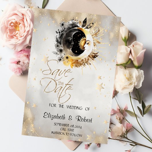 Hemelse Gouden Sterren Manen Bloemen Save The Date