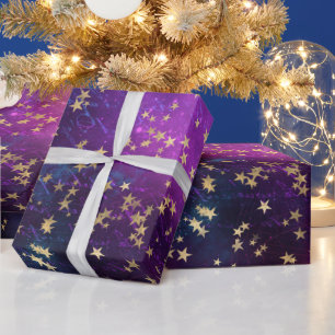 Hemelse Gouden Sterren op Paarse Galaxy Achtergron Cadeaupapier