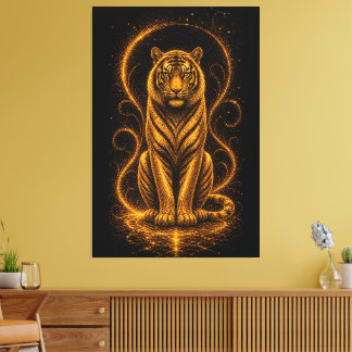 Hemelse Gouden Tijgergeest – Lichtgevende Kosmisch Canvas Afdruk