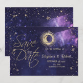 Hemelse Gouden Zon, Maan, Sterren Paarse Save The Date (Voorkant / Achterkant)