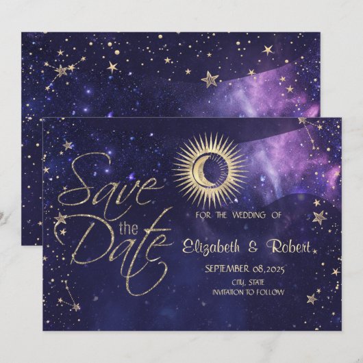 Hemelse Gouden Zon, Maan, Sterren Paarse Save The Date (Voorkant / Achterkant)