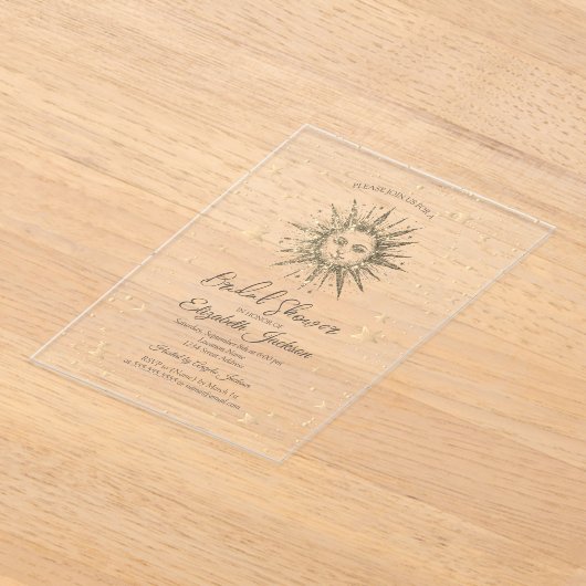 Hemelse Gouden Zon, Sterren Marine Blauw Vrijgezel Acryl Uitnodigingen (Laagn)