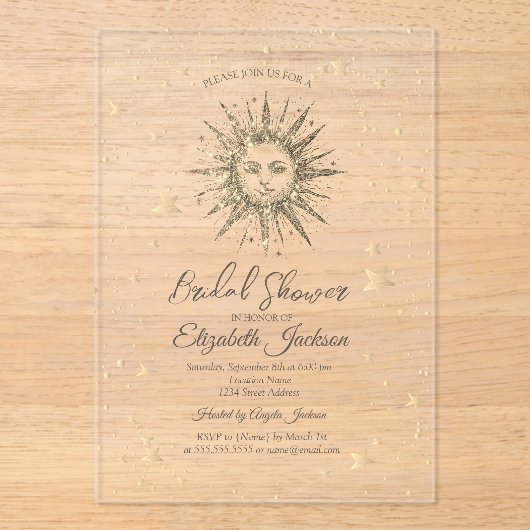 Hemelse Gouden Zon, Sterren Marine Blauw Vrijgezel Acryl Uitnodigingen (Voorkant)