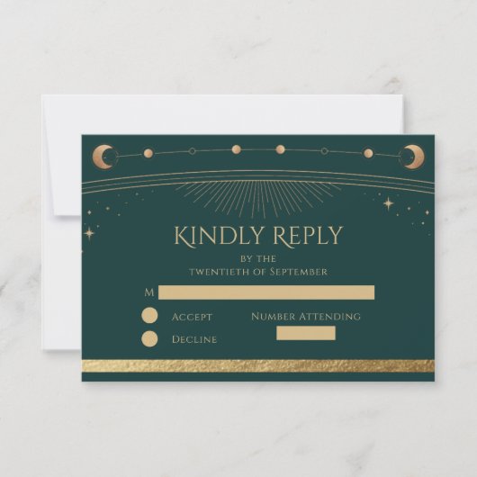 Hemelse Groene Gouden Zon Maan Sterren Wedding RSVP Kaartje (Voorkant)