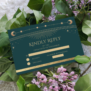 Hemelse Groene Gouden Zon Maan Sterren Wedding RSVP Kaartje