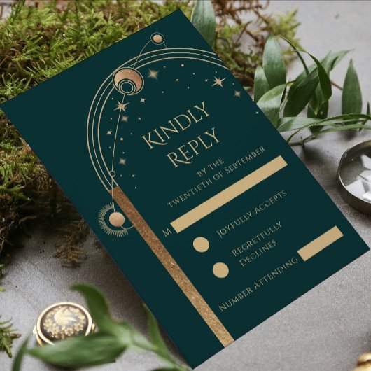 Hemelse Groene Gouden Zon Maan Sterren Wedding RSVP Kaartje