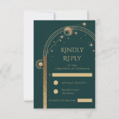 Hemelse Groene Gouden Zon Maan Sterren Wedding RSVP Kaartje (Voorkant)