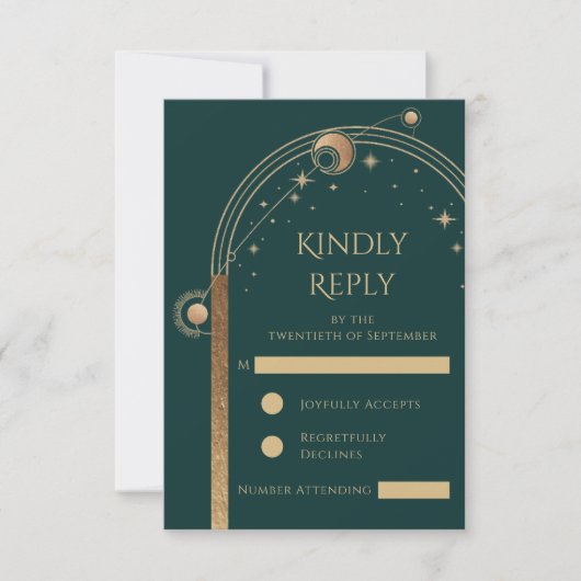 Hemelse Groene Gouden Zon Maan Sterren Wedding RSVP Kaartje (Voorkant)