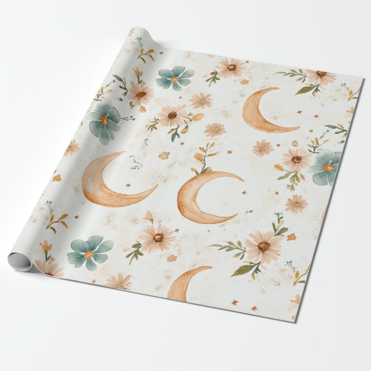 Hemelse Halve Maan Bloemrijk Goud Glitter Cadeaupapier (Uitgerold)