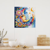 Hemelse Harmonie: Maan-gezicht Zon & Bloemenplein Poster (Keuken)