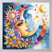 Hemelse Harmonie: Maan-gezicht Zon & Bloemenplein Poster (Voorkant)