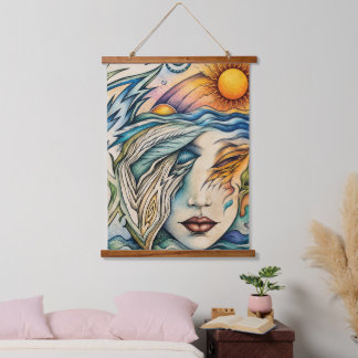 Hemelse Harmonie: Zon en Zee Abstract Portret Hangend Wandkleed
