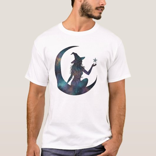 Hemelse heks op de maan Halloween Art T-shirt (Voorkant)