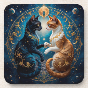 Hemelse katten in kosmische kunst met goud en blau bier onderzetter