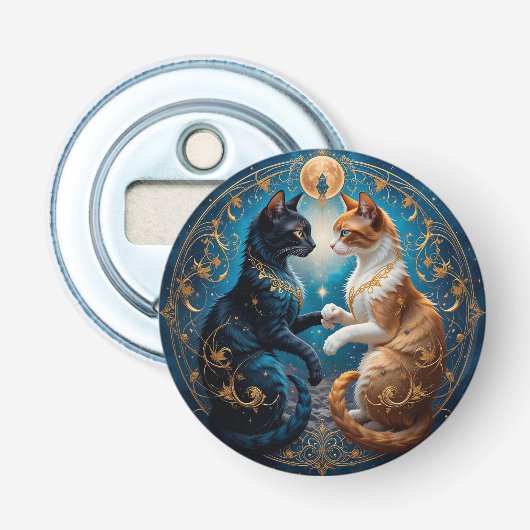 Hemelse Katten in Kosmische Kunst met Goud en Blau Button Flesopener (Voorkant)