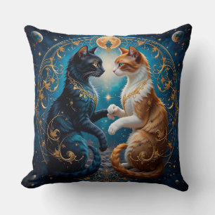 Hemelse Katten in Kosmische Kunst met Goud en Blau Kussen