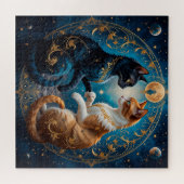 Hemelse katten in kosmische kunst met goud en blau legpuzzel (Horizontaal)