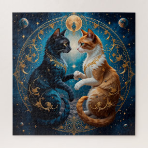 Hemelse katten in kosmische kunst met goud en blau legpuzzel