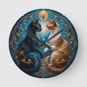 Hemelse katten in kosmische kunst met goud en blau ronde klok