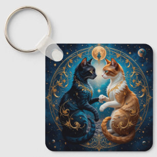 Hemelse Katten in Kosmische Kunst met Goud en Blau Sleutelhanger