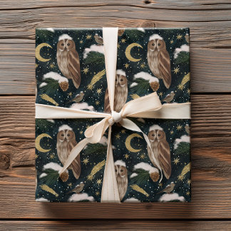 Hemelse Kerstuil Winter Nacht Patroon Cadeaupapier