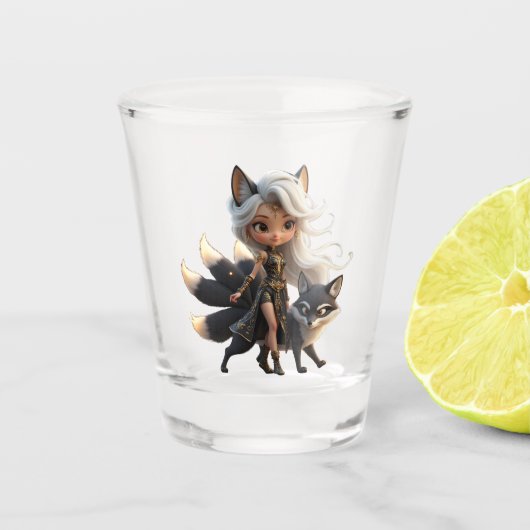 Hemelse Kitsune – Bewaker van de Vier Staarten.  Shot Glas (Voorkant)