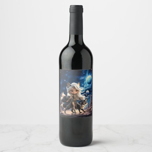 Hemelse Kitsune – Bewaker van de Vier Staarten. Wijn Etiket (Voorkant)