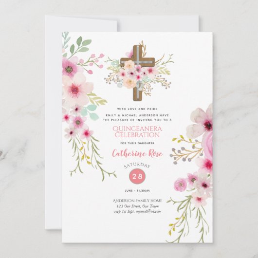 Hemelse Kruis Quinceanera Uitnodiging Boho Bloemen (Voorkant)