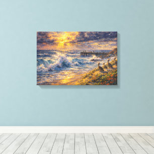 Hemelse Kusten: Een Kustlijn Impasto Zonsondergang Canvas Afdruk