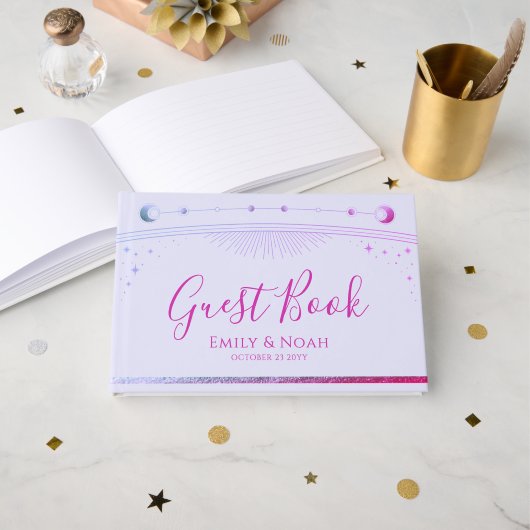Hemelse Lavendel Roze Zon Maan Sterren Huwelijk Gastenboek (Voorkant open)