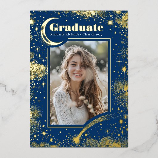 Hemelse Maan en Sterren Afstuderen Foto Afstuderen Folie Uitnodiging (Voorkant)