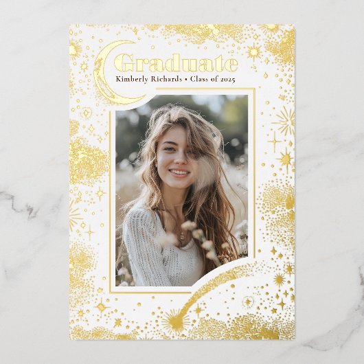 Hemelse Maan en Sterren Afstuderen Foto Afstuderen Folie Uitnodiging (Voorkant)