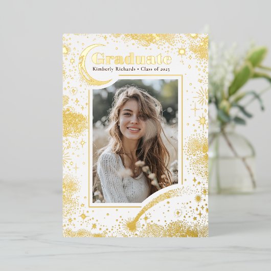 Hemelse Maan en Sterren Afstuderen Foto Afstuderen Folie Uitnodiging (Staand Voorkant)