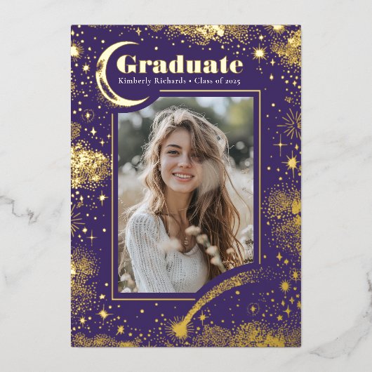 Hemelse Maan en Sterren Afstuderen Foto Afstuderen Folie Uitnodiging (Voorkant)