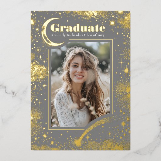 Hemelse Maan en Sterren Afstuderen Foto Afstuderen Folie Uitnodiging (Voorkant)