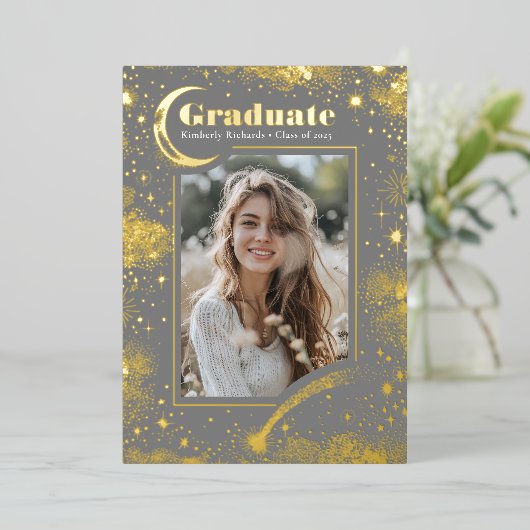 Hemelse Maan en Sterren Afstuderen Foto Afstuderen Folie Uitnodiging (Staand Voorkant)